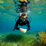 A professional marine biologist, fully clothed in modest, professional diving gear, observes a vibrant, healthy Posidonia oceanica meadow in the crystal-clear waters of the Mediterranean Sea near the Spanish coast. The scene features a subtle, soft warm glow in the water, indicating changing ocean temperatures without depicting any damage. The focus is on scientific observation and the beauty of the ecosystem. Perfect anatomy, correct proportions, natural pose, well-formed hands, proper finger count, natural body proportions. Professional photography, high quality, safe for work, appropriate content, family-friendly.