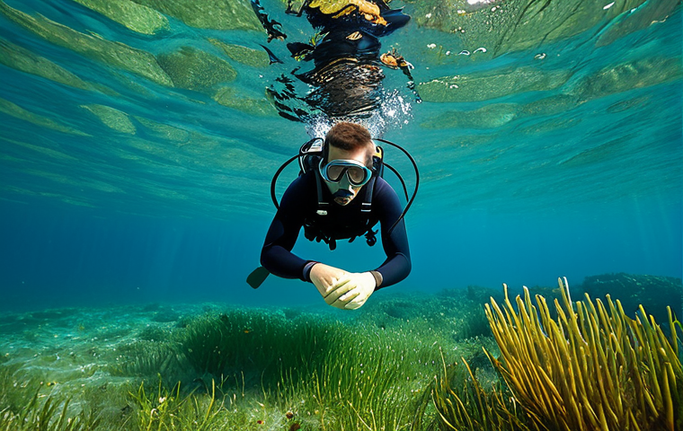 A professional marine biologist, fully clothed in modest, professional diving gear, observes a vibrant, healthy Posidonia oceanica meadow in the crystal-clear waters of the Mediterranean Sea near the Spanish coast. The scene features a subtle, soft warm glow in the water, indicating changing ocean temperatures without depicting any damage. The focus is on scientific observation and the beauty of the ecosystem. Perfect anatomy, correct proportions, natural pose, well-formed hands, proper finger count, natural body proportions. Professional photography, high quality, safe for work, appropriate content, family-friendly.