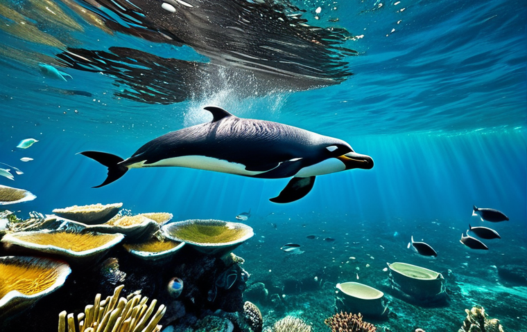 **

"A breathtaking underwater scene depicting the Humboldt Current off the coast of the Galapagos Islands.  Abundant marine life thrives: penguins, sea lions, and colorful fish.  Focus on the upwelling of nutrient-rich water.  Photorealistic, vibrant colors, sharp detail, safe for work, appropriate content, fully clothed (the animals!), perfect anatomy, natural proportions, family-friendly."

**