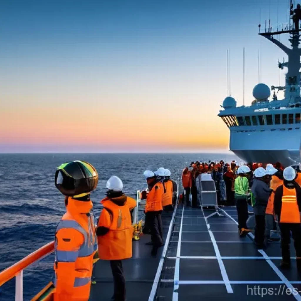 해양 지질학 실습 - **Prompt: "A vibrant, high-resolution, cinematic shot on the deck of a modern oceanographic research...