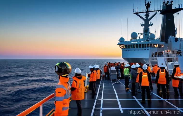 해양 지질학 실습 - **Prompt: "A vibrant, high-resolution, cinematic shot on the deck of a modern oceanographic research...