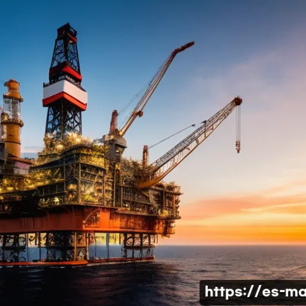 해양 석유와 가스 채굴 - **Massive Offshore Engineering Marvel at Sunset:** A vast, intricate offshore oil and gas drilling a...