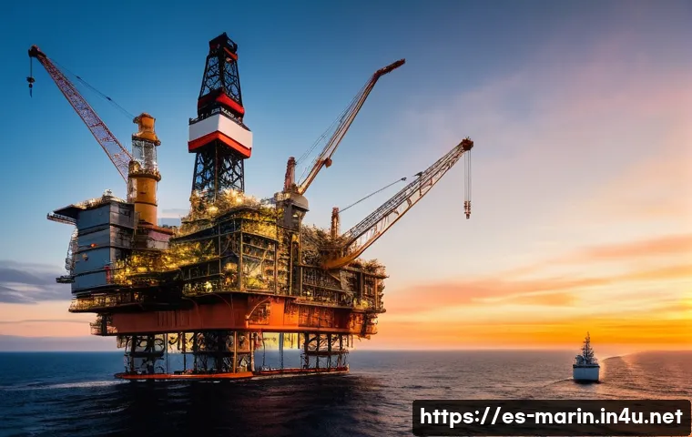 해양 석유와 가스 채굴 - **Massive Offshore Engineering Marvel at Sunset:** A vast, intricate offshore oil and gas drilling a...