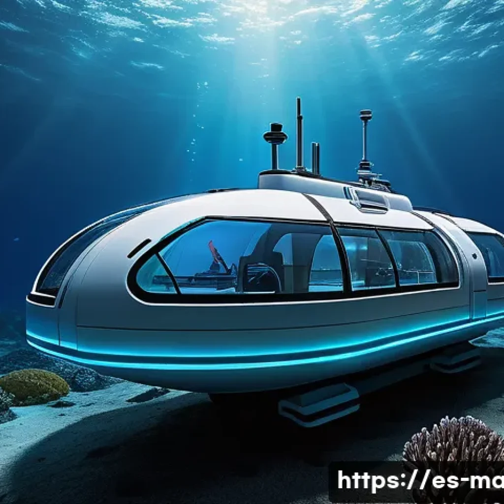 해양학 교수 추천 논문 - A high-tech underwater autonomous vehicle exploring a deep ocean trench, illuminated by soft blue bi...
