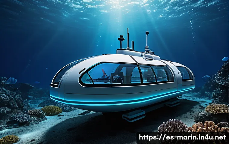 해양학 교수 추천 논문 - A high-tech underwater autonomous vehicle exploring a deep ocean trench, illuminated by soft blue bi...
