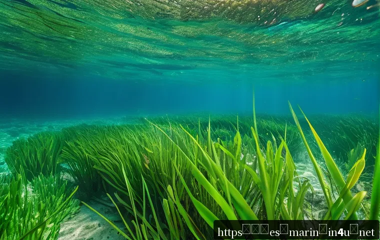 해양 식물과 초식동물 - A vibrant underwater scene showcasing a lush seagrass meadow in the Mediterranean Sea, teeming with ...