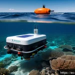 해양학 환경 모니터링 - A high-tech autonomous marine monitoring scene featuring smart buoys and underwater drones collectin...
