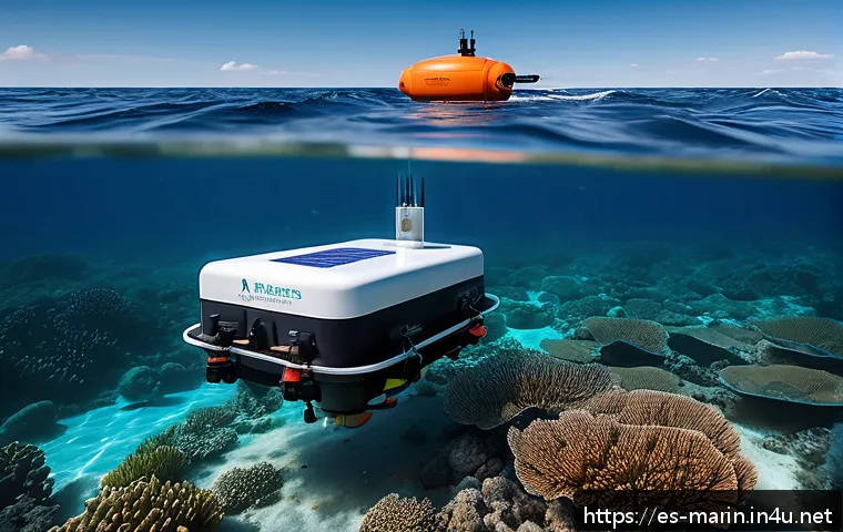 해양학 환경 모니터링 - A high-tech autonomous marine monitoring scene featuring smart buoys and underwater drones collectin...