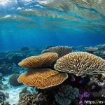해양학 기초과학 - A vibrant coral reef ecosystem teeming with diverse marine life including colorful tropical fish, va...