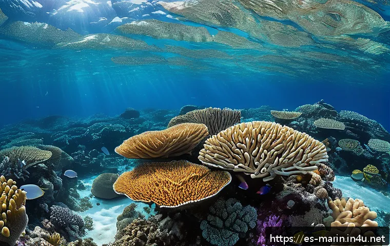 해양학 기초과학 - A vibrant coral reef ecosystem teeming with diverse marine life including colorful tropical fish, va...