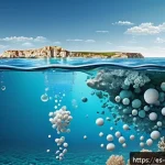 해양 화학 실험 - A detailed scientific illustration of seawater composition showing dissolved minerals and salts, inc...