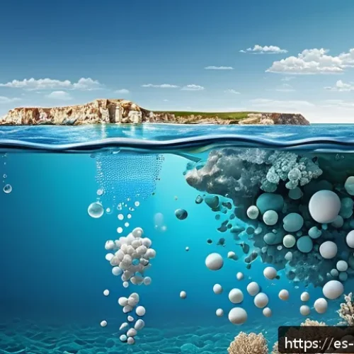 해양 화학 실험 - A detailed scientific illustration of seawater composition showing dissolved minerals and salts, inc...