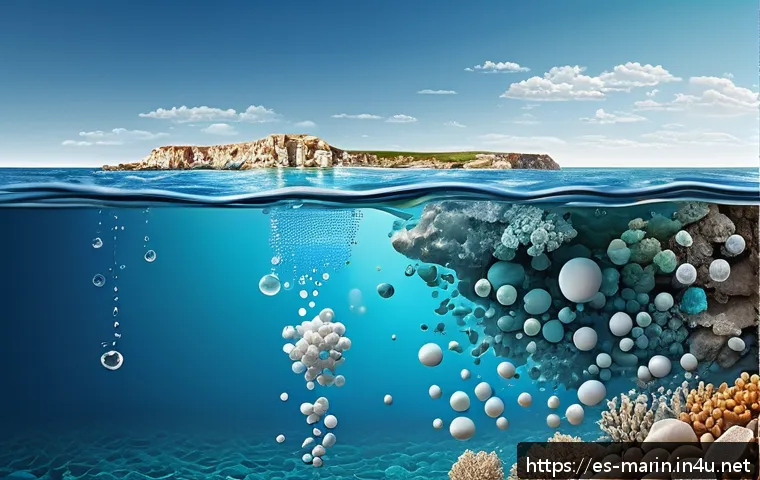 해양 화학 실험 - A detailed scientific illustration of seawater composition showing dissolved minerals and salts, inc...