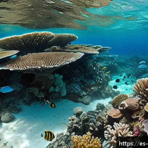 해양 화학 - A vibrant underwater scene showcasing a Caribbean coral reef in decline due to ocean acidification, ...