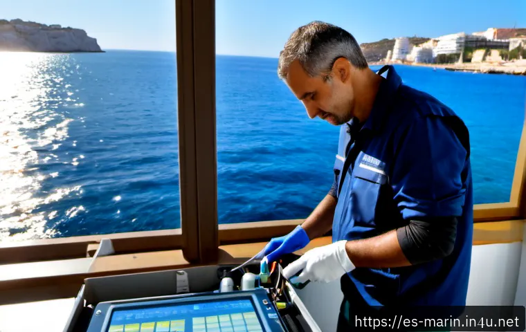 해양학 실험기기 사용법 - Photorealistic marine science laboratory in coastal Spain, a middle-aged oceanographer wearing a nav...